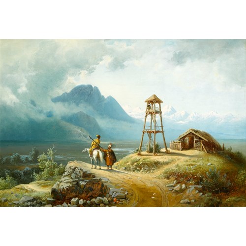 A Mountainous Landscape with a Horseman by a Tower